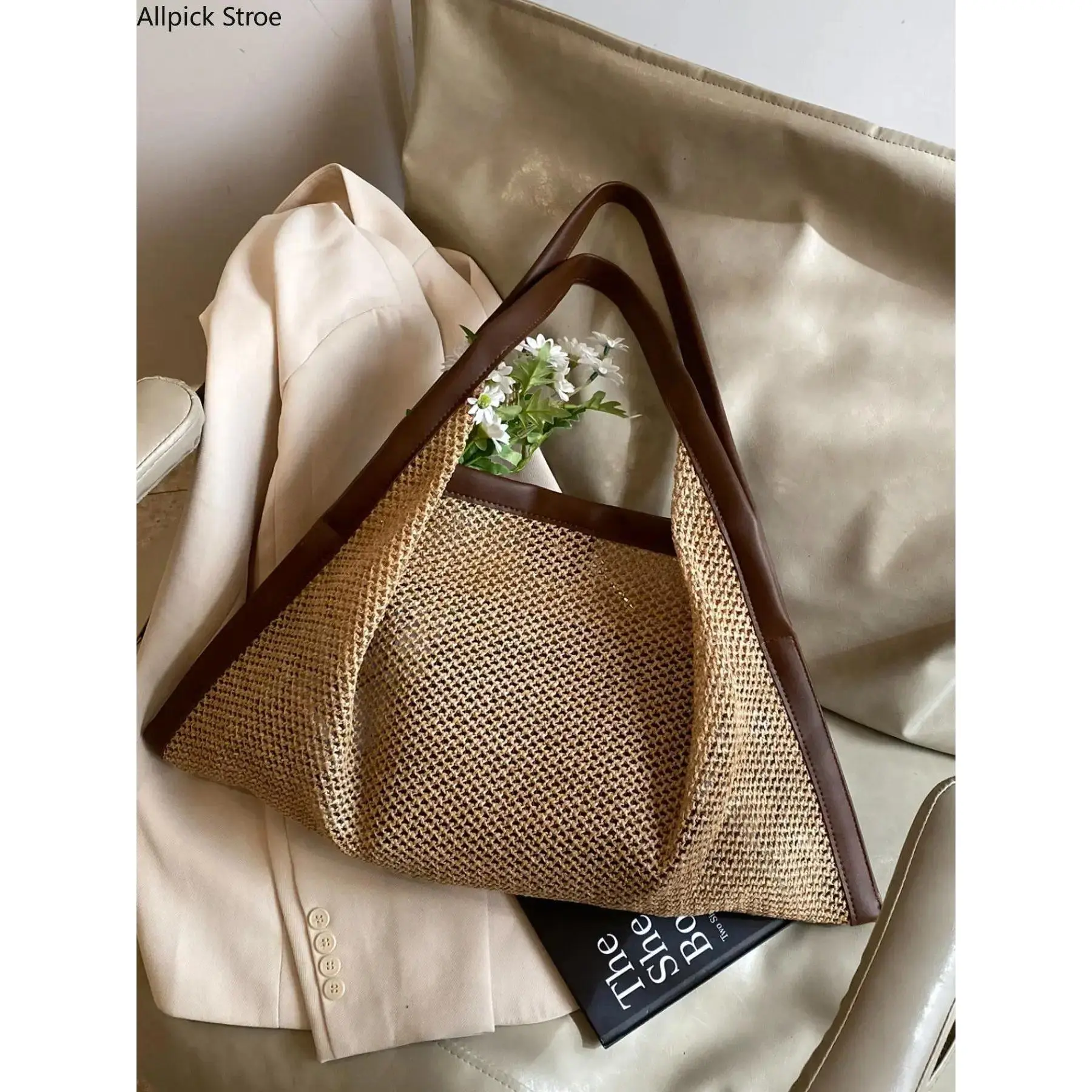 Women's Large Capacity Commuter Tote Bag, Spring New Beach Straw Woven Shoulder Bag, Stylish Casual Handbag for Daily Use, Tote Purses, Shopping Tote Bags, Casual Trendy Bag, Multifunctional Commuter Tote