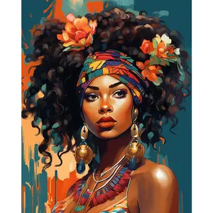 African American Traditional Headscarf Oil Painting Paint by Number Kits 16 x 20 inch Canvas Graffiti Afro Girl DIY Painting for Kids Adults Beginner with Brushes Acrylic Pigment Frameless