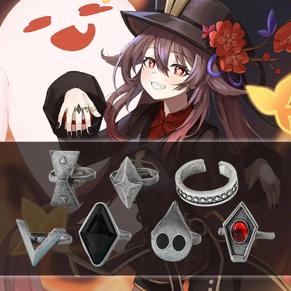 Genshin Impact Hu Tao Anime Character Ring Prop, Vintage Costume Jewelry Engagement Ring, Halloween Carnival Accessory with Box, Anime Character Rings