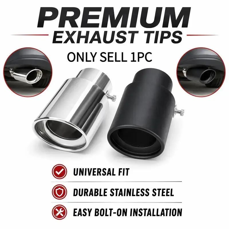Universal Stainless Steel Car Exhaust Muffler Tip Trim, 63x85mm Bolt-On Drill-Free No-Welding Rear Upgrade Accessory, Drain Hole Design, Sporty Look, Fits Most Vehicles, Silver/Matte Black 2-Color Options, Car Exterior Decoration
