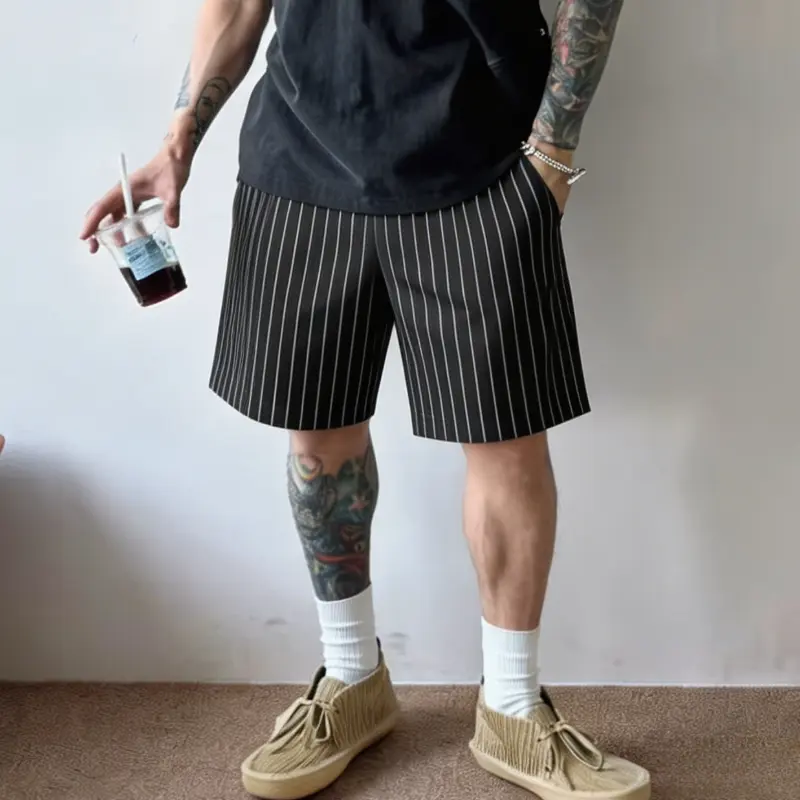 Men's Vintage Pinstripe Wide-Leg Shorts, Retro Suit-Style, Button Front, Half-Elastic Waist, 4 Pockets, Knee Length, Loose-Fit, Business-Casual, Polyester Woven, Cold Wash, Size M