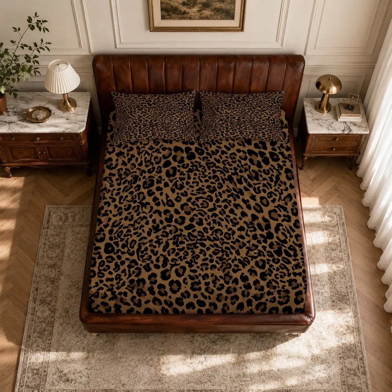 3PCS Fitted Sheet Set Leopard Animal Print Art Style Single-Sided Printed, No Pillow Inserts, 1 Fitted Sheet & 2 Pillowcases, Soft Snug Bedding Gift for Bedroom, Dorm, Apartment & Guest Room