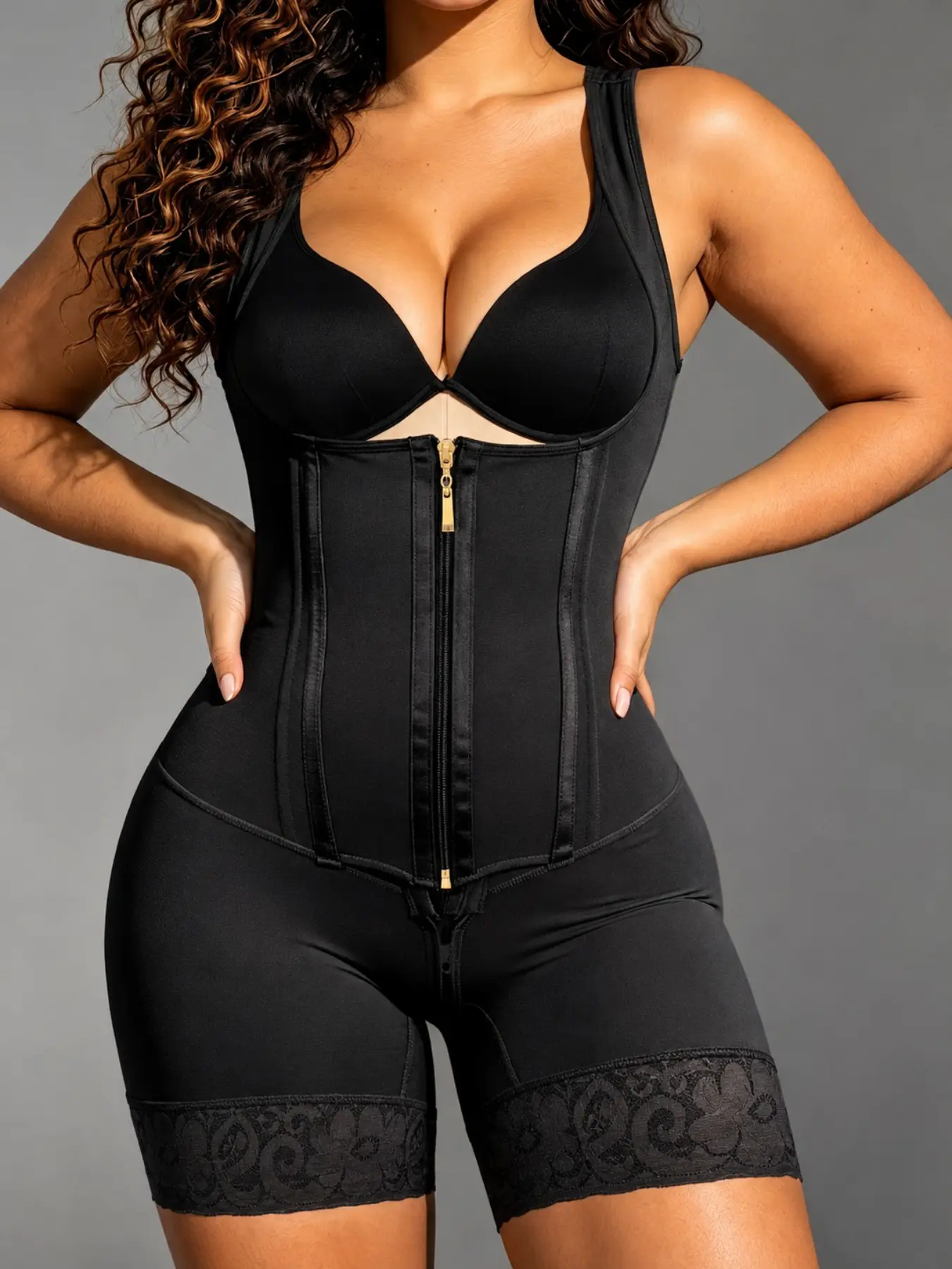 1 Count Women's Triple-Row Front Hook Compression Body Shapewear, Colombian Shapewear, Fajas, Detachable Wide Strap Bodysuit, Hidden Crotch Zip Anti-Curl Lace Hem Butt Lifting And Tummy Control Body Shaper, For Daily Gatherings Social Events