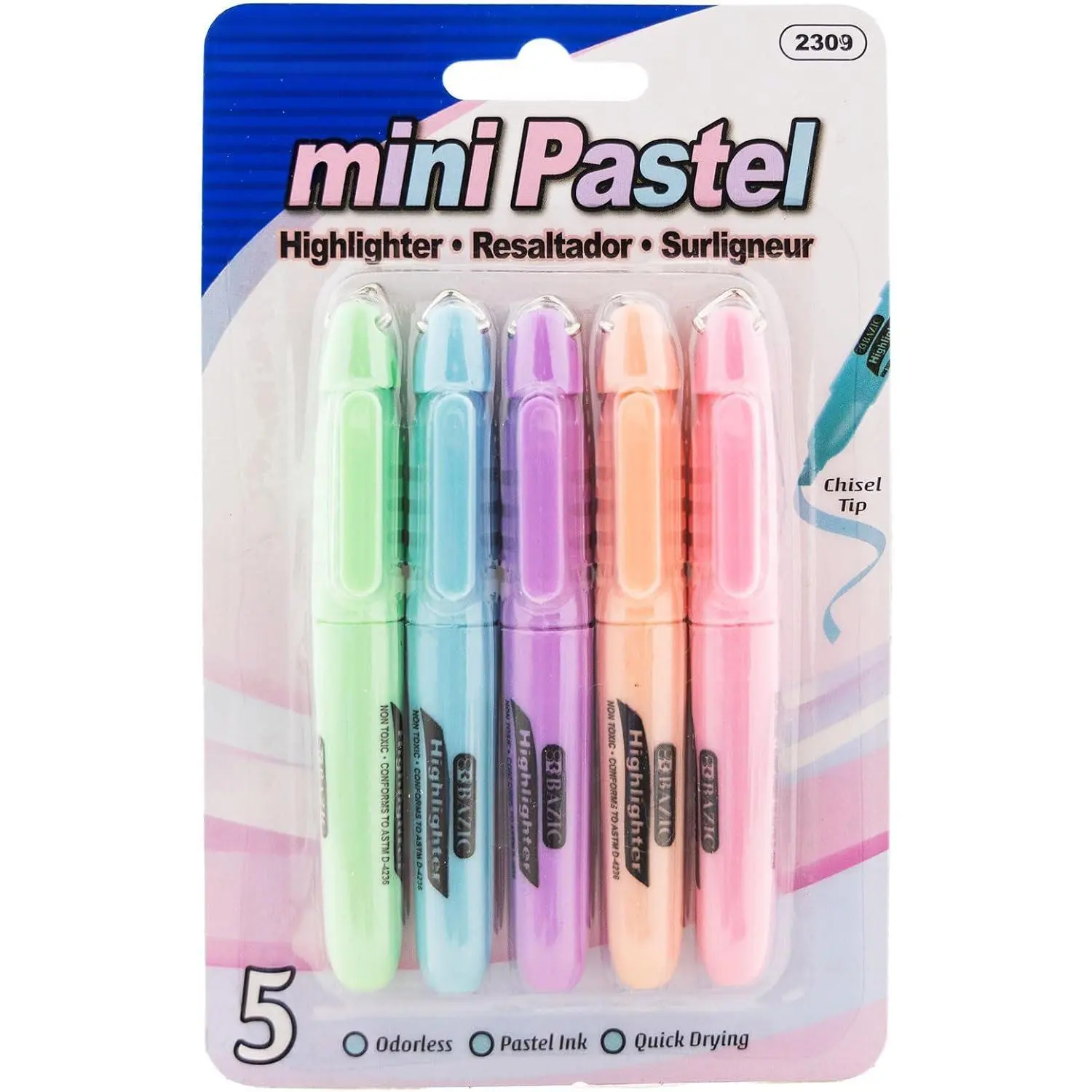Mini Pastel Highlighters, Chisel Tip, Cap Clip, 5 Count | Quick-dry,  pastel mini highlighters, compact,  ink, ASTM D-4236, odorless