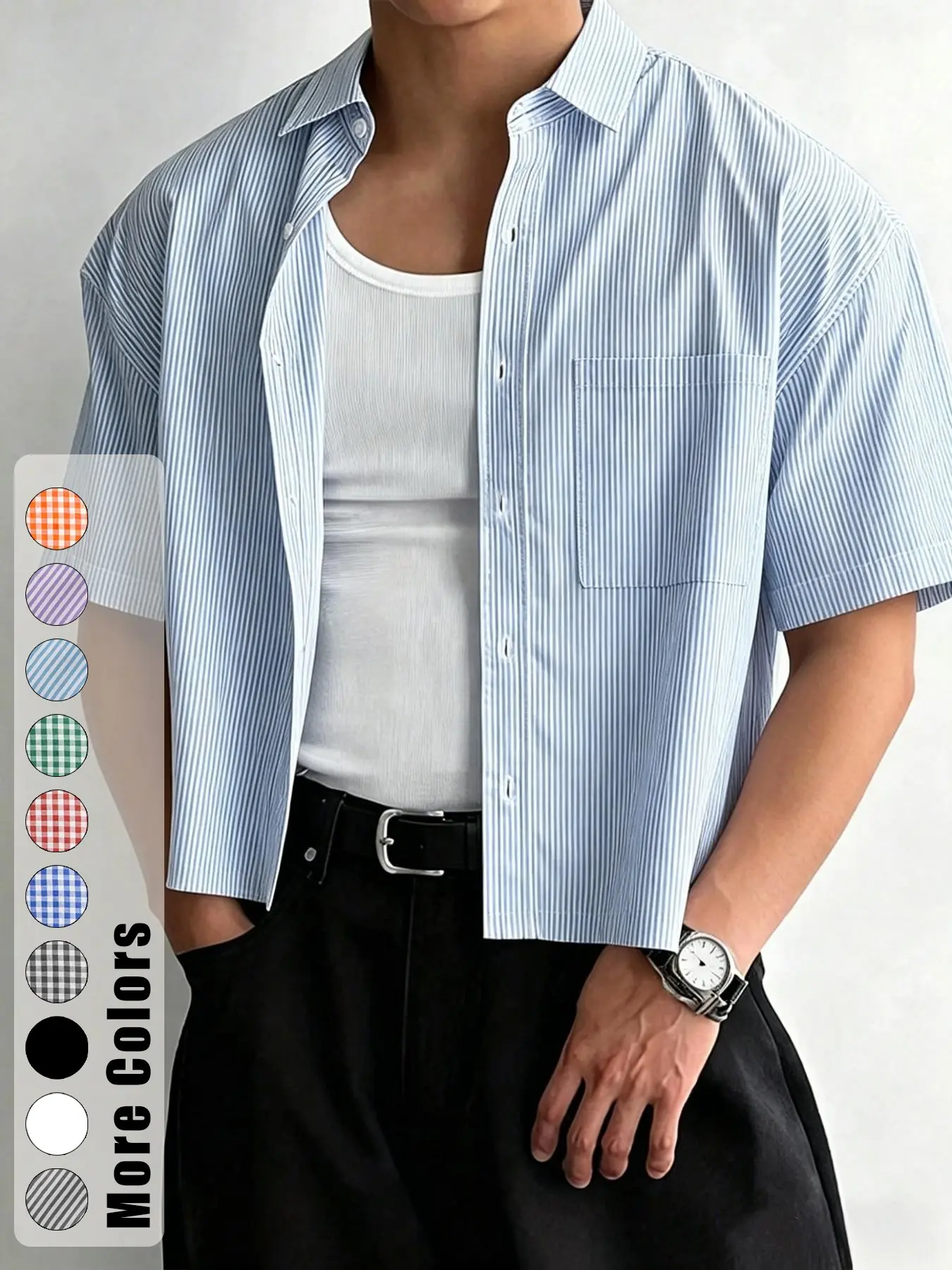Men's Loose Fit Striped Short Sleeve Button Up Shirt, Casual Party Shirt, Casual Collared Summer Top, Vintage Street Style, All Seasons Wear, Plaid Pattern
