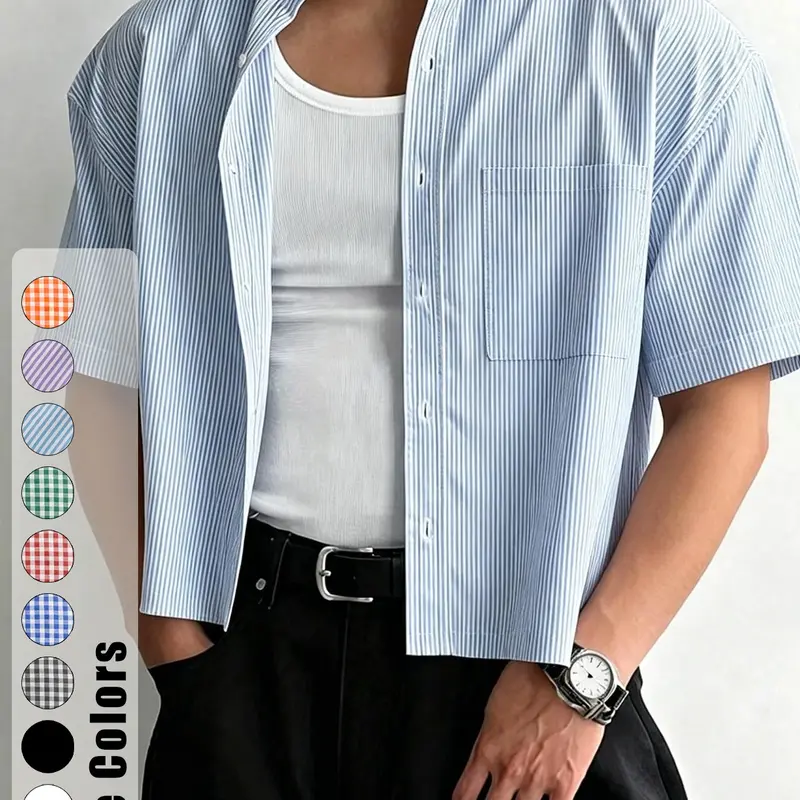 Men's Loose Fit Striped Short Sleeve Button Up Shirt, Casual Party Shirt, Casual Collared Summer Top, Vintage Street Style, All Seasons Wear, Plaid Pattern