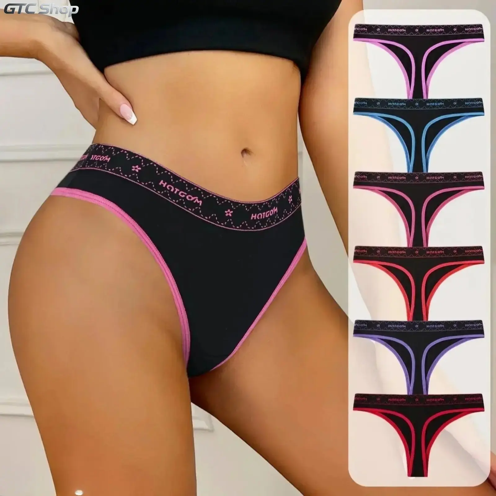 Women 6 Pack Cotton Low-Waist Thong Panties, Soft Breathable Letter Print Trim Intimate Lingerie, Skin-Friendly Comfort Undies, Versatile Intimates for Daily Everyday Sports Workout & Outdoor Casual Wear