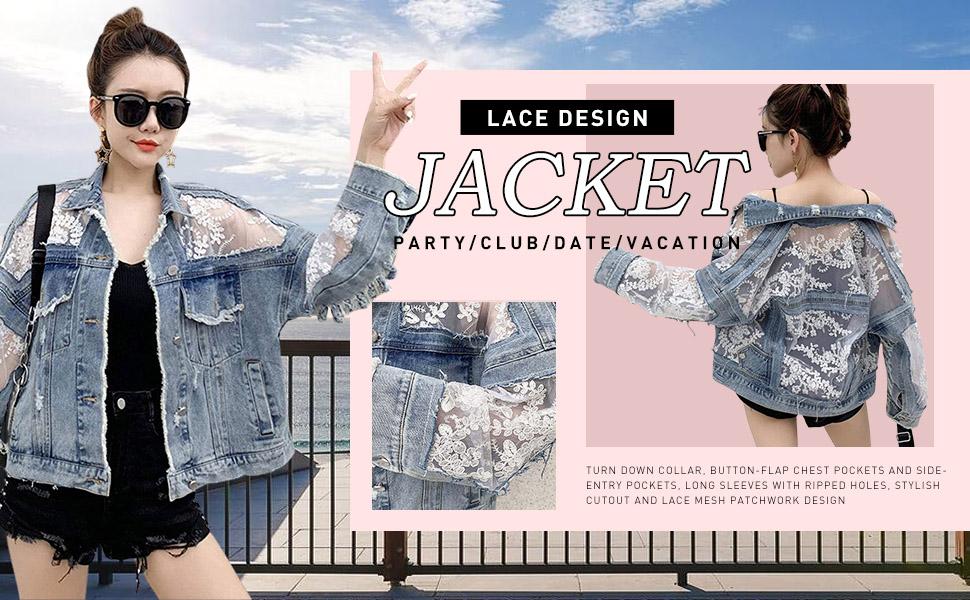 Women's See Through Floral Embroidery Lace Crop Denim Jacket Ripped Distressed Jean Jacket