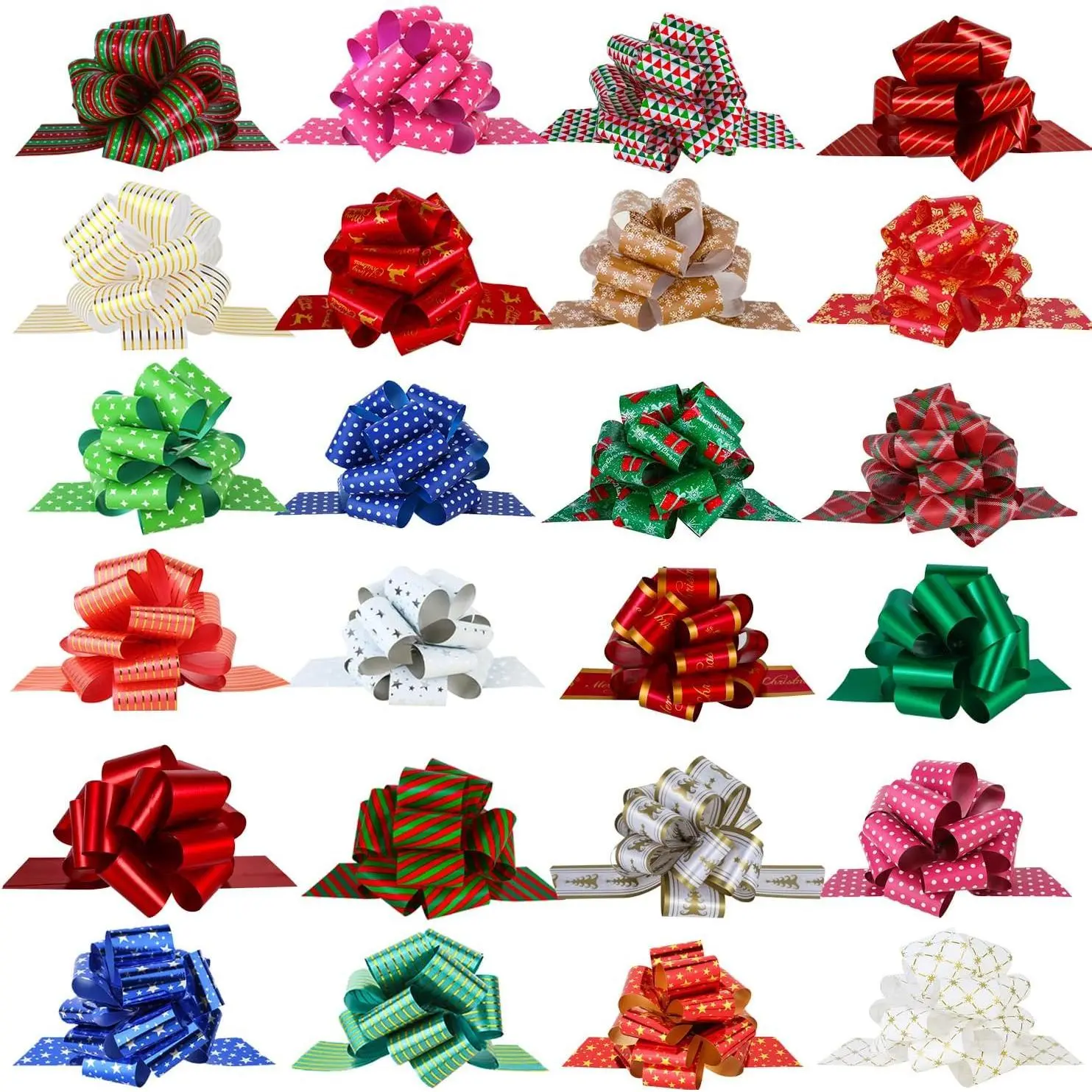 24PCS Christmas Wrap Pull Bows with Ribbon 5” Wide Wrapping Accessory for Xmas Present, Gift, Florist, Bouquet, Basket(24 PCS)