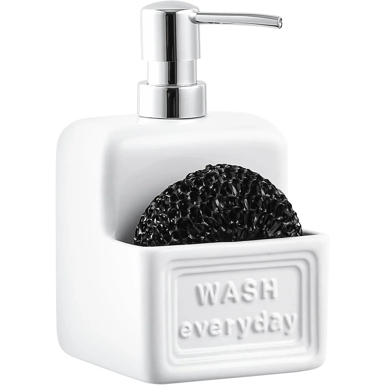 Ceramic Soap Dispenser with Pump - Modern, Large 15oz Compartmentalized Holder for Sponge, Hand/Dish Soap Use in Kitchen, Bathroom