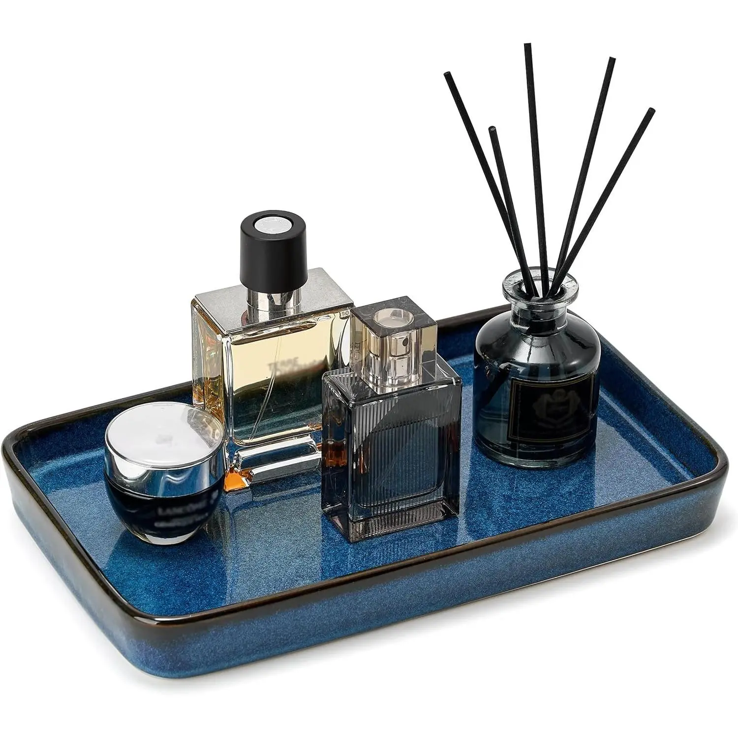 10"×6"×1" Waterproof Ceramic Bathroom Vanity Tray, Kiln-Transformed Blue Countertop Organizer for Dresser, Toilet, Perfume, Sponge, Soap Dish & Dispenser, Kitchen Countertop Use, Water Proof