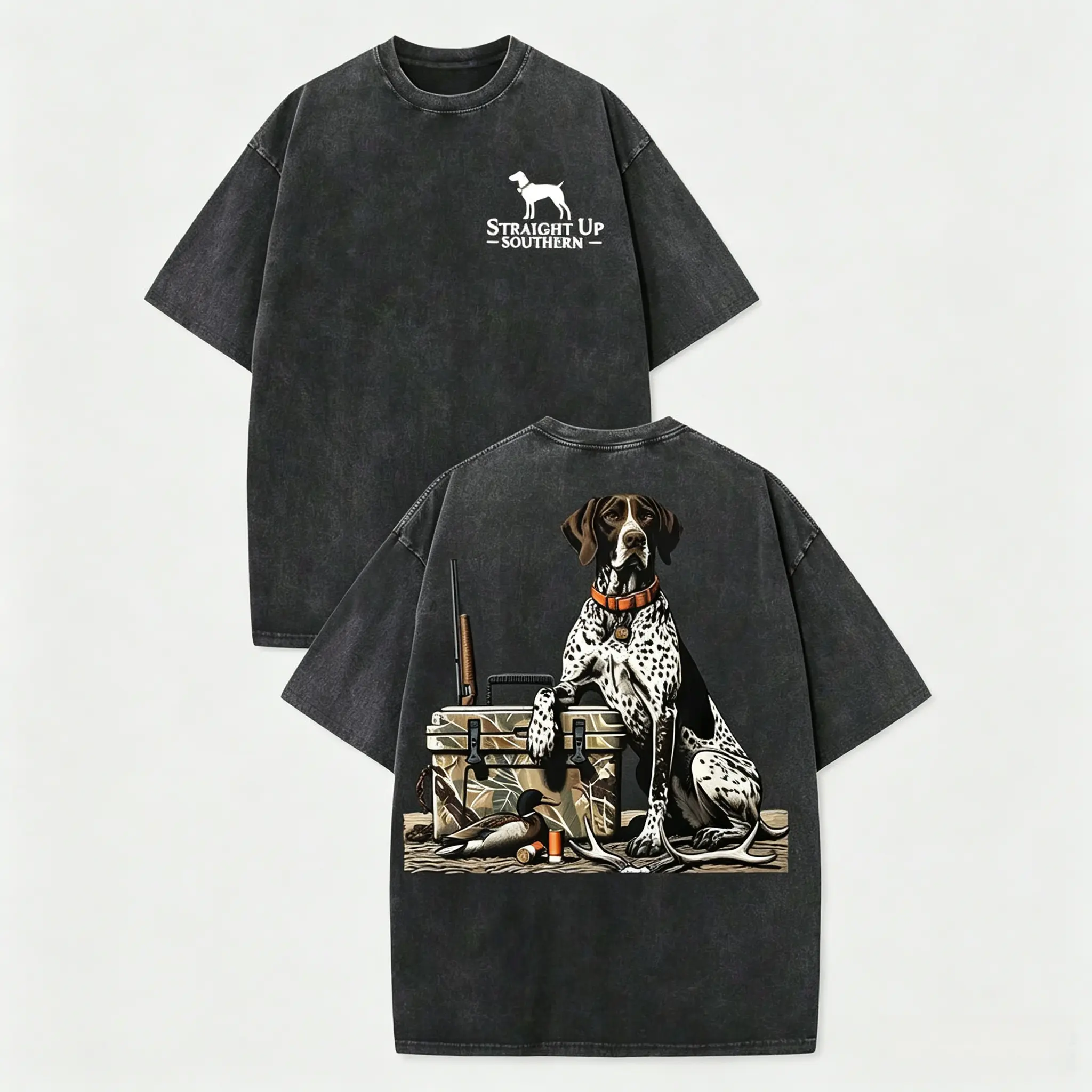 Retro Hunting Washed Cotton T-Shirt, Straight Up Southern Hunting Dog & Gear Graphic, Loose Casual Crew Neck Short Sleeve Tee,2026 Washable Unisex T-shirt