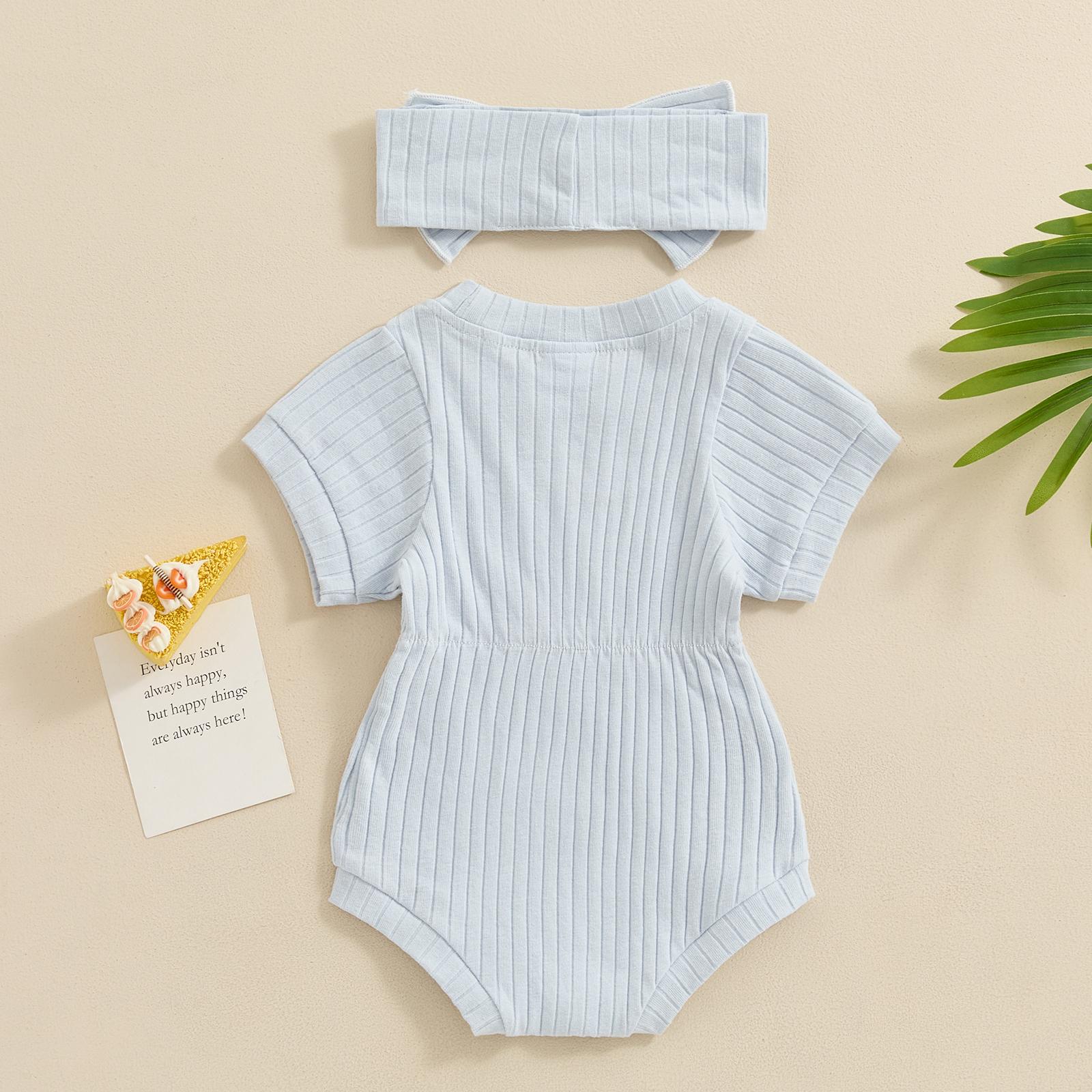 Baby Girl Summer Clothes Ribbed Short Sleeve Romper Solid Color Bodysuits Bow Headband Outfit Newborn Girl Jumpsuit