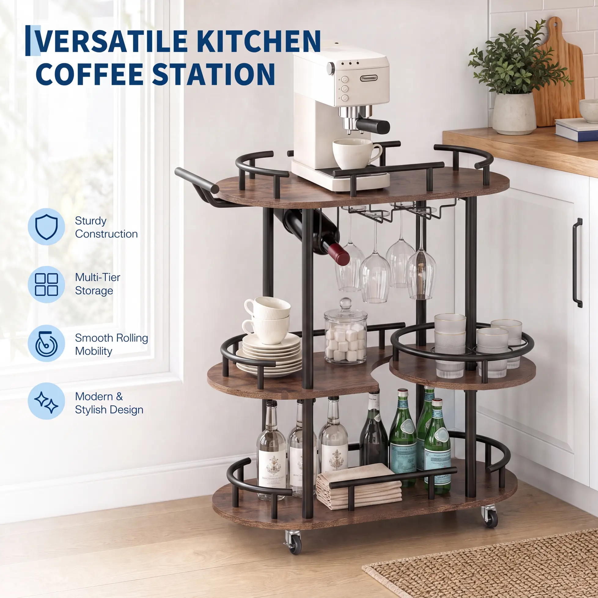 Garvee 3-Tier Rolling Bar Cart with Wine Rack & Glass Holder – Industrial Gold Serving Trolley for Kitchen, Living Room or Entryway