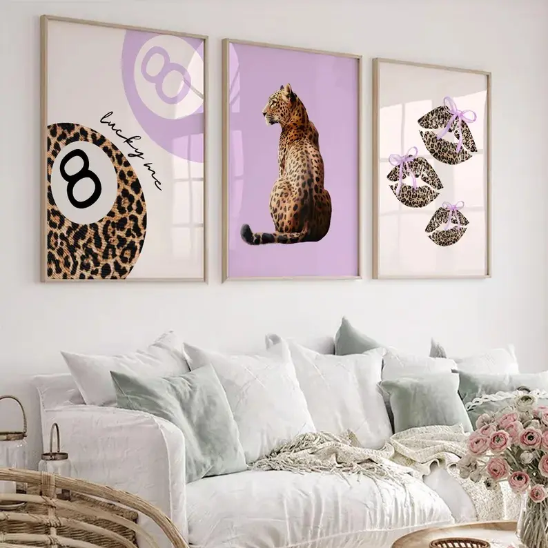 Girly Leopard Wall Art Set of 3, Purple Leopard Print, Coquette Animal Prints, Cute Cheetah Poster Set, Girls Room Decor, Preppy Dorm Art