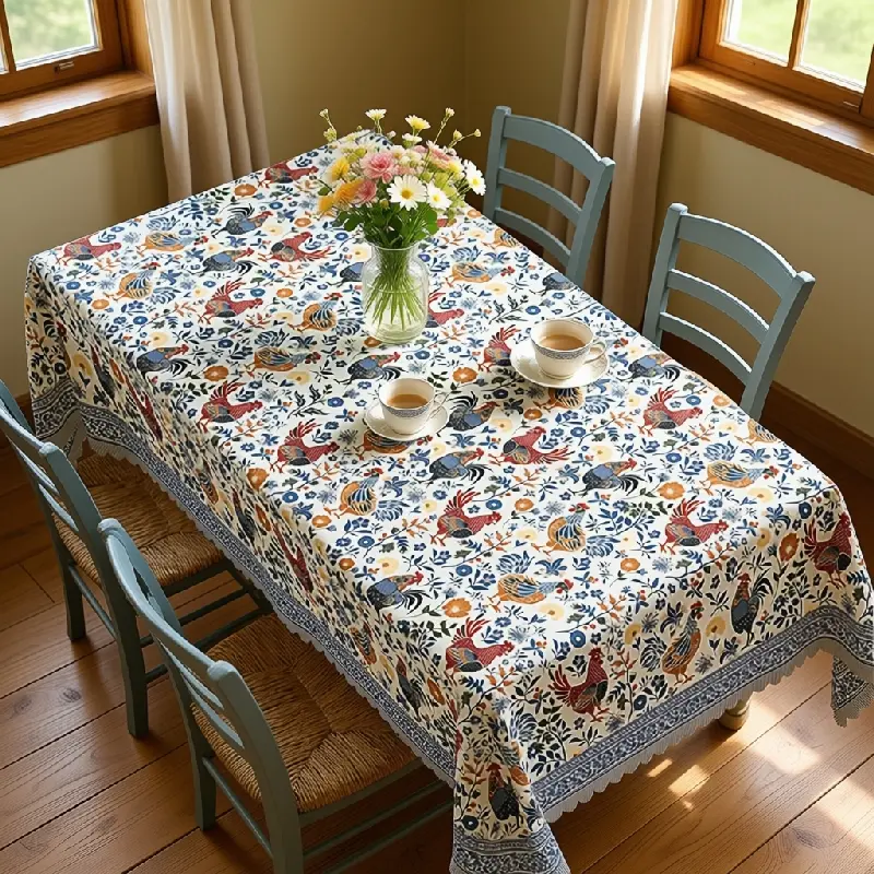 Blue and White Botanical Floral Printed Tablecloth for Farmhouse Kitchen Dining Room Decor polyester, washable, clearance sale