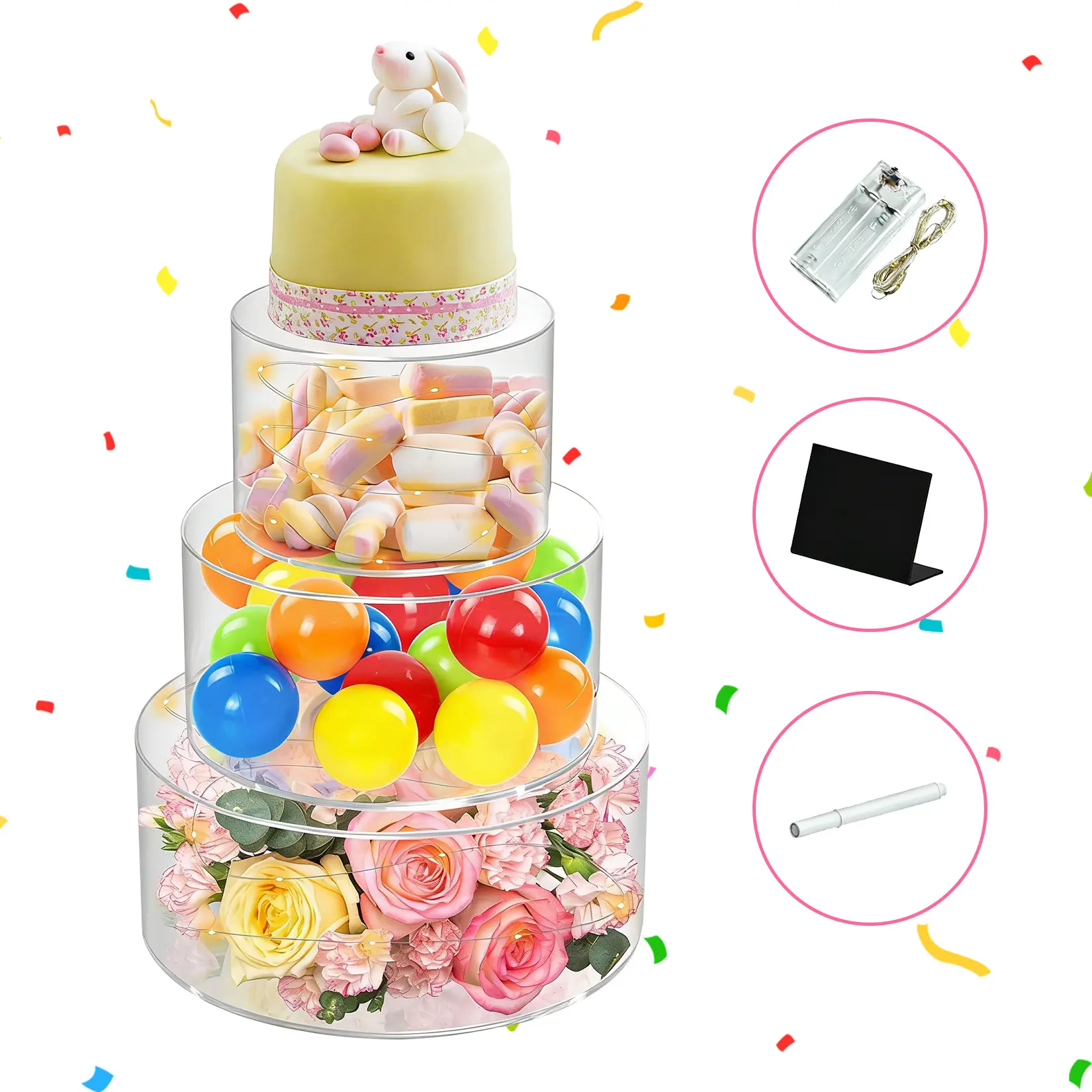 LED Lighted Acrylic Cake Stand Set – 3-Piece Clear Fillable Dessert Display Risers , 6/8/10 in Round Fillable Cake Display Riser with Labels, Dessert Table Display Stand for Part Wedding Birthday