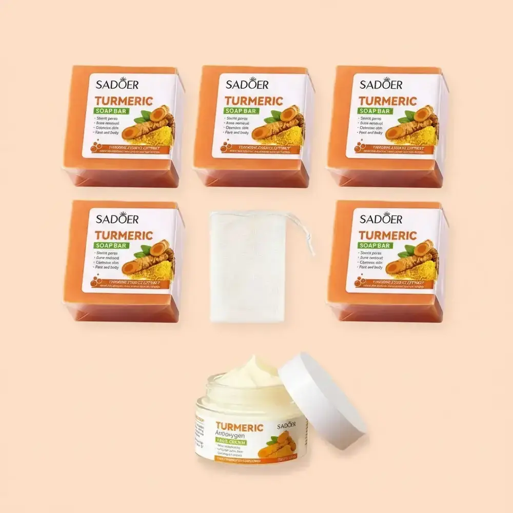 SADOER Turmeric Soap & Face Cream Bundle, 100g Handmade Soap with Turmeric Extract and 50g Hydrating Face Cream for Daily Skin Nourishment and Care
