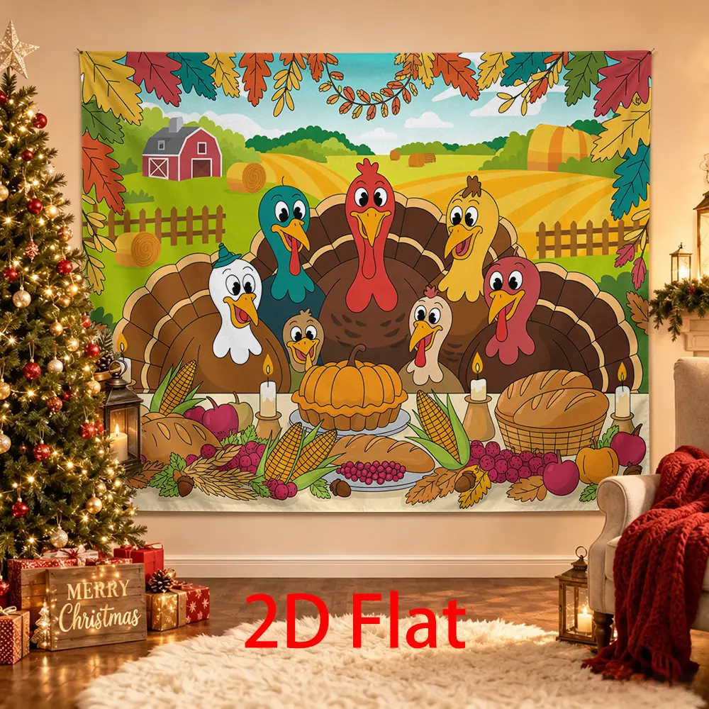 Turkey Family Thanksgiving Backdrop with Farm, Pumpkin Pie and Fall Harvest