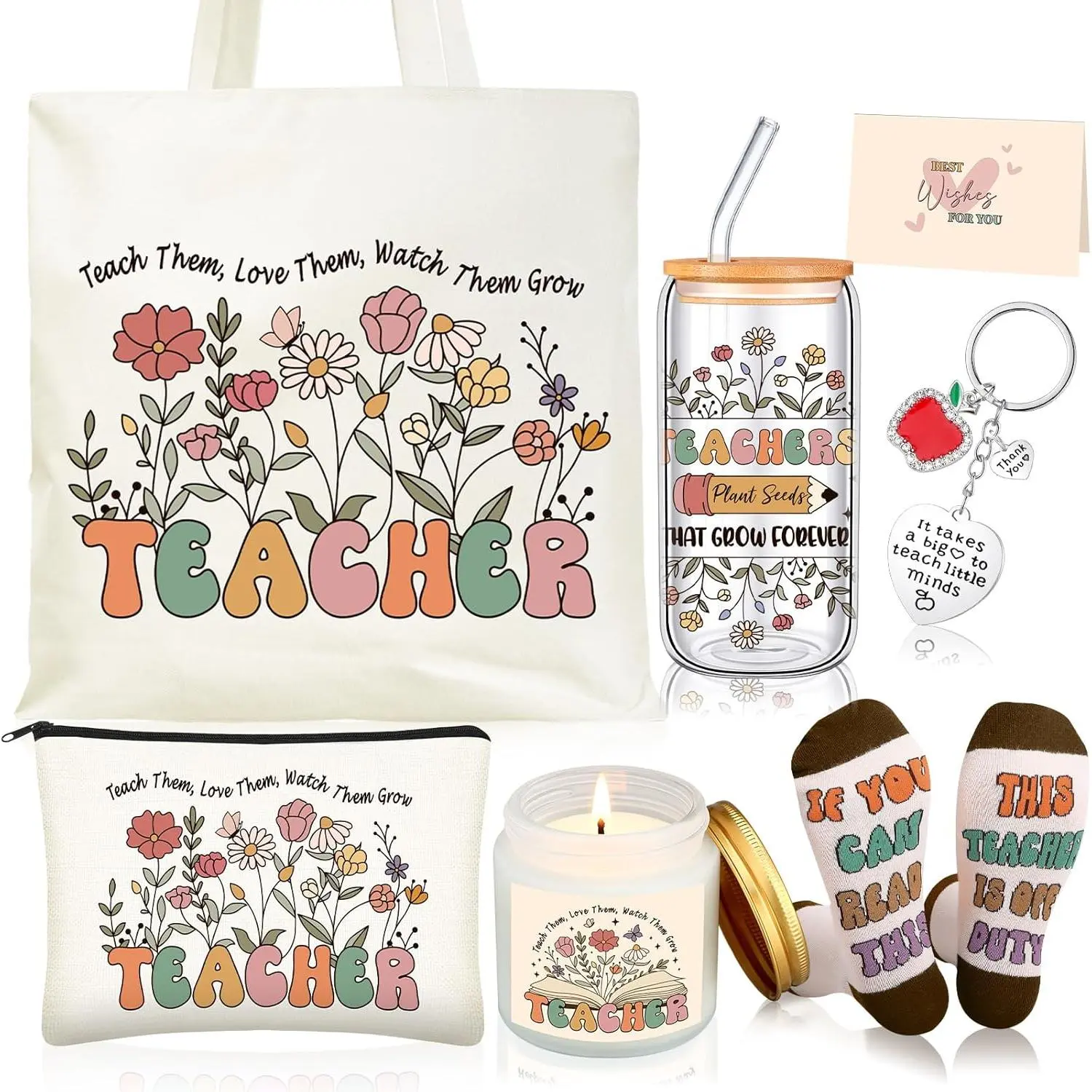 6 Pcs Teacher Gifts from Students End of Year Teacher Appreciation Gifts Set with 17 oz Glass Cup Canvas Tote Makeup Bag for Graduation Birthday Thanksgiving Retirement