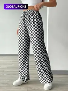 Women's All Over Geometric Checkerboard Print Drawstring Waist Loose Straight Leg Pants, Casual Comfy High Waist Trousers for Daily Wear, Ladies Everyday Bottoms for All Seasons, Womenswear
