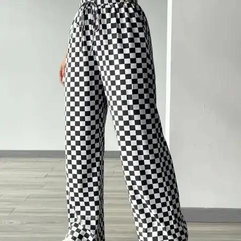 【Black Friday】Women's All Over Checkerboard Print Drawstring Waist Straight-Leg Pants, Casual Comfy High Waist Trousers for Daily Wear, Ladies Loose-Fit Stretchy Bottoms for All Seasons