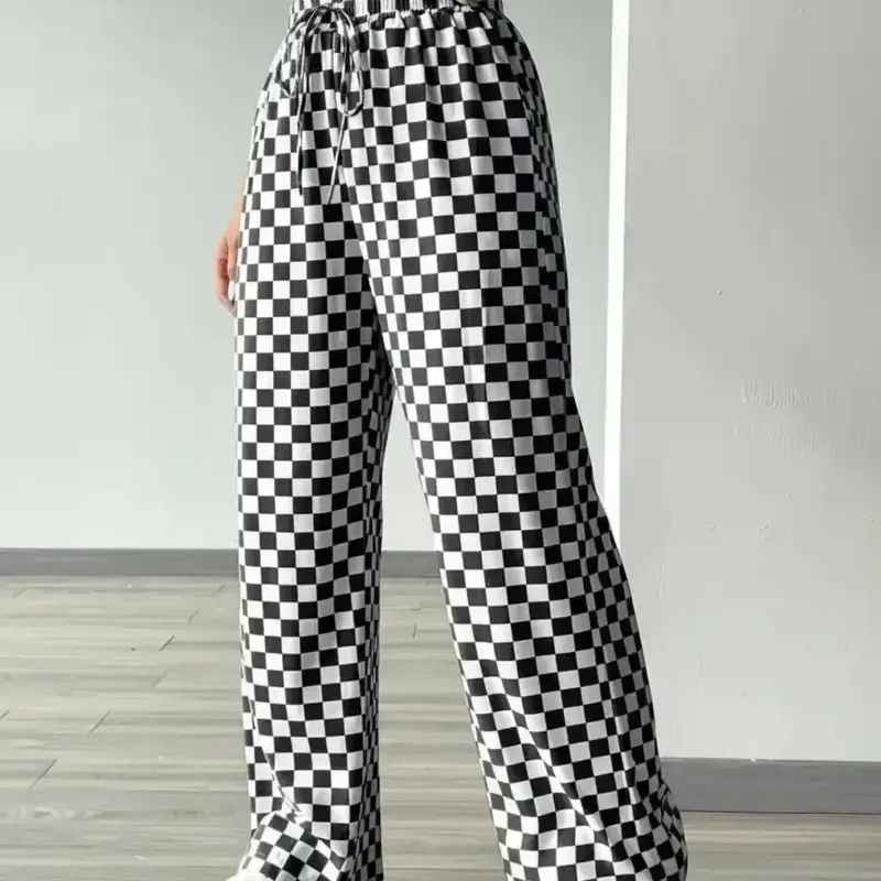 【Black Friday】Women's All Over Checkerboard Print Drawstring Waist Straight-Leg Pants, Casual Comfy High Waist Trousers for Daily Wear, Ladies Loose-Fit Stretchy Bottoms for All Seasons