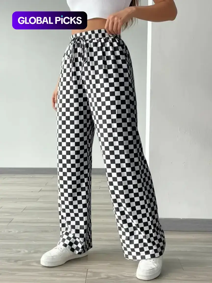 Women's All Over Geometric Checkerboard Print Drawstring Waist Loose Straight Leg Pants, Casual Comfy High Waist Trousers for Daily Wear, Ladies Everyday Bottoms for All Seasons, Womenswear