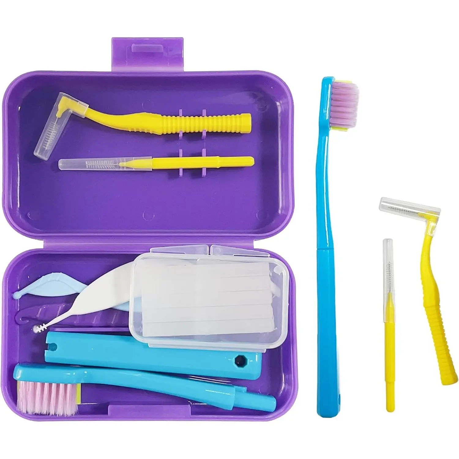 6-in-1 Orthodontic Oral Care Kit with Case – Detachable Toothbrush, Interdental Brush, Dental Floss Pick, Toothpick Brush, Dental Wax with Cutter, Elastic Hook Set for Braces Daily Travel Use (Purple)