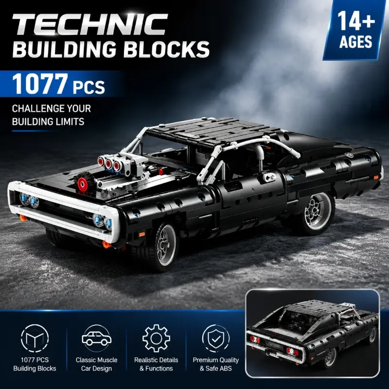 1077PCS Technical Dodge Charger 42111 Building Blocks  Fast  Movie Car Model, Tech Racing Bricks Set, Ideal Gift for Boys & Car Enthusiasts, Collectible Home Decor