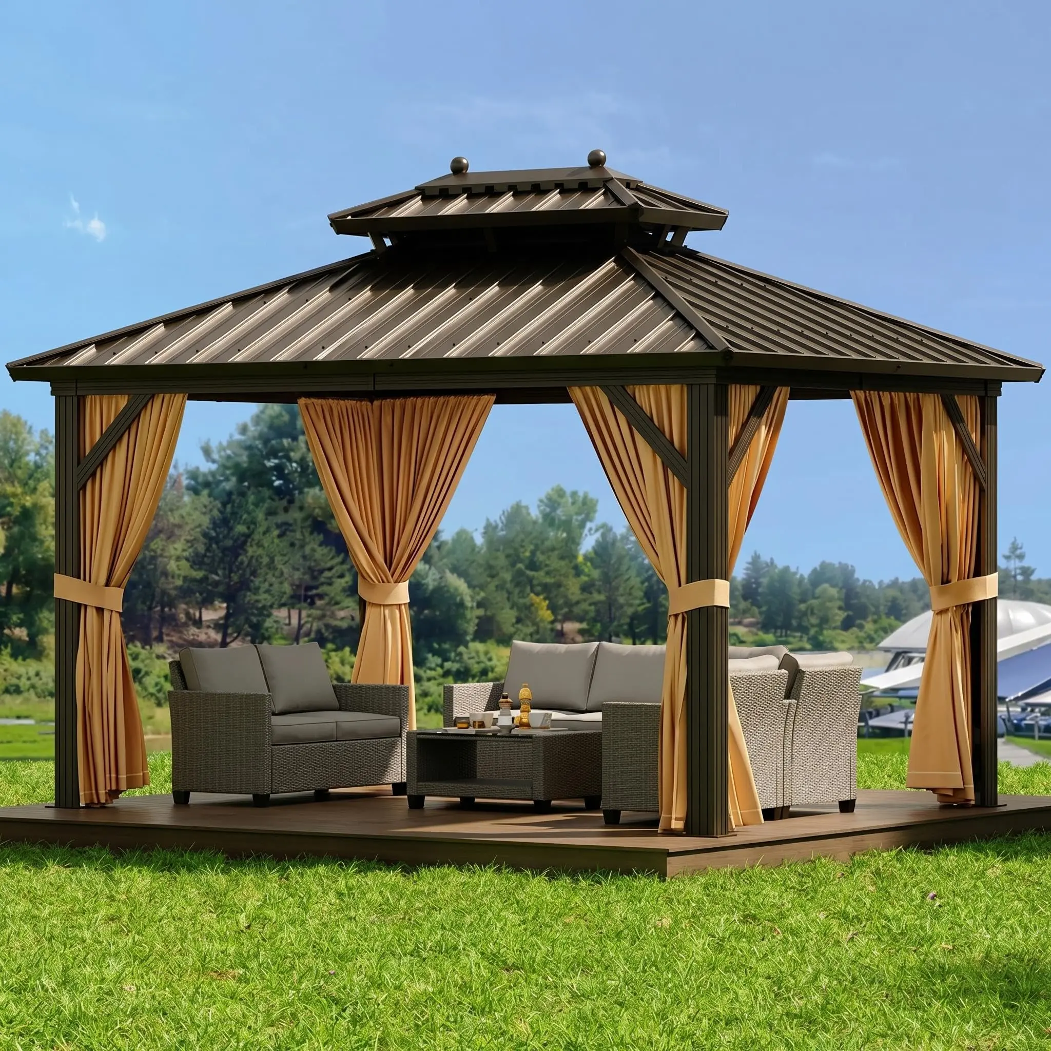 10x10ft Hardtop Gazebo with Double Roof, Permanent Aluminum Outdoor Pavilion for Patio & Backyard, All-Weather Polycarbonate Gazebo with Privacy Curtains & Mosquito Netting, Heavy Duty Shelter for Hot Tub & Dining