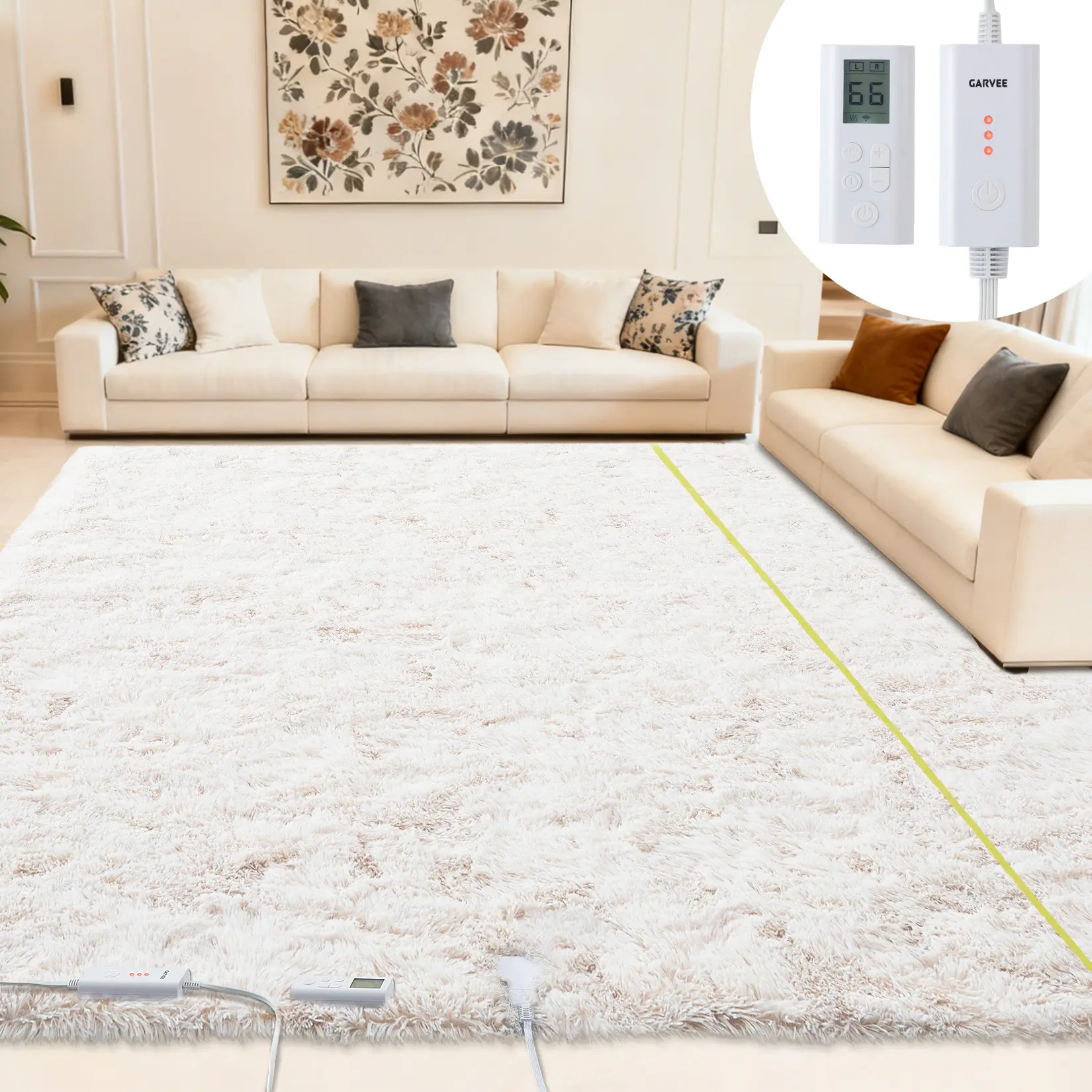 8x10 Heated Area Rug, Plush Electric Carpet with Wireless RF Controller, LCD Display, Adjustable Heat and Timer for Living Room Bedroom, Ivory