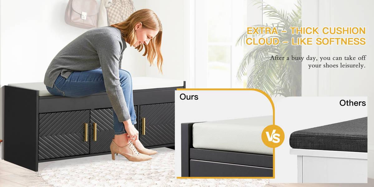 Entryway Storage Bench, Shoe Storage Bench with Cushioned Seat & Hidden Compartments, Shoe Cabinet Bench for Bedroom, Hallway, and Compact Spaces, Light Gray/Black