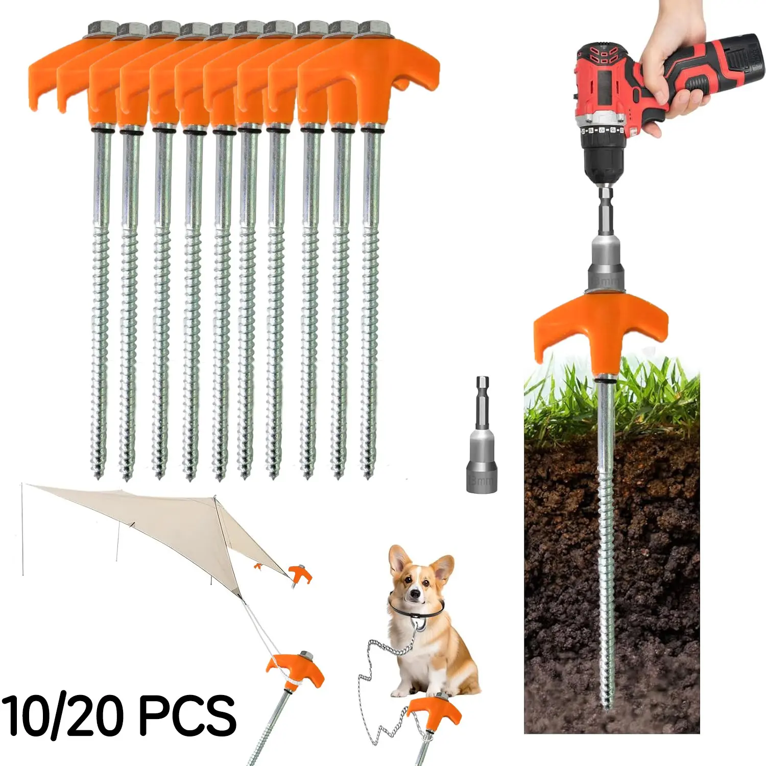 Tent Peg Set, Outdoor Camping Gear Accessories, Anti-Slip Screw-In Tent Pins, Durable Iron Anchors with Drill Adapter