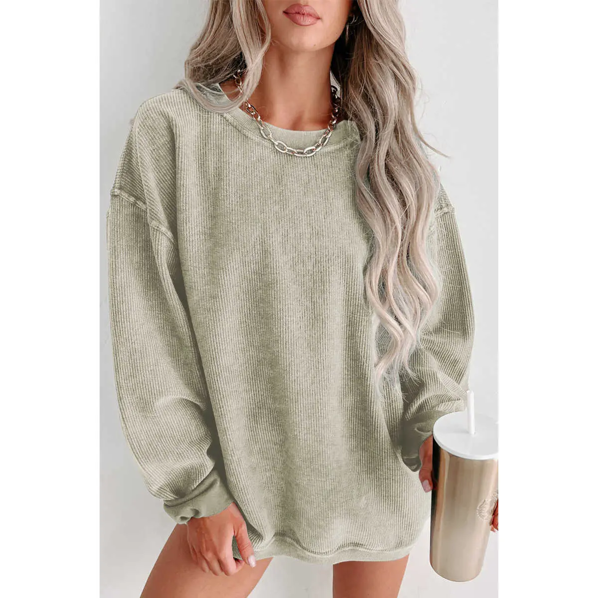 Green Solid Ribbed Knit Round Neck Pullover Sweatshirt