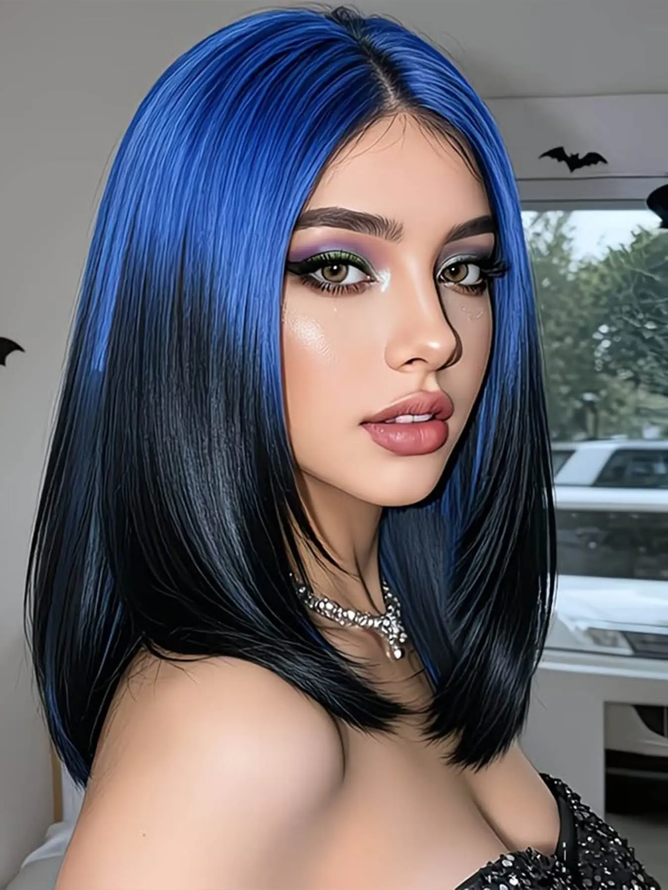 14-Inch Bob Gradient Wig, to Blue, Middle Part, Heat-Resistant Synthetic, Women's Halloween Christmas Costume Daily Wear Gift