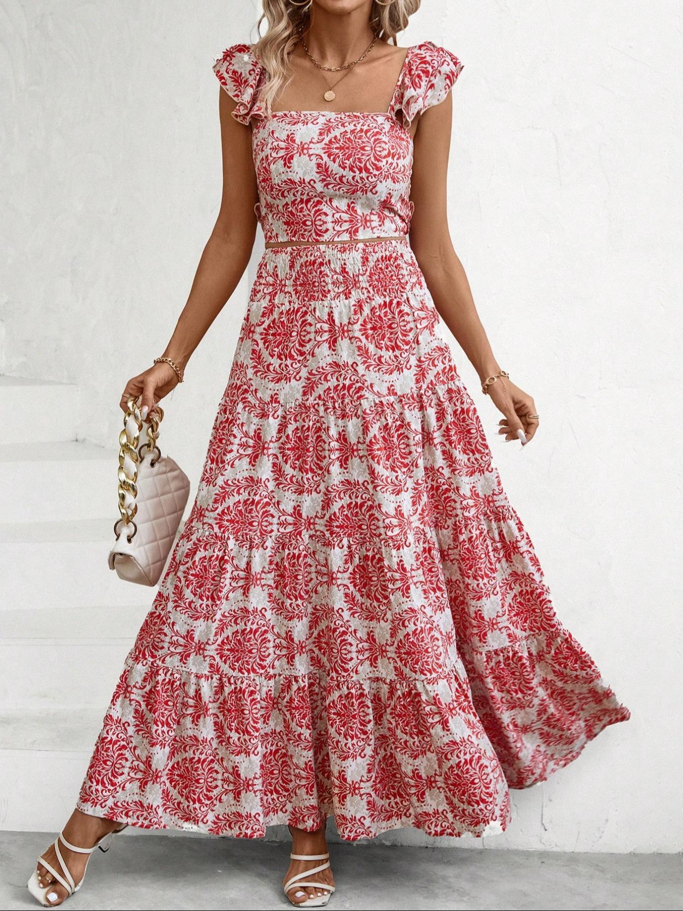 Women's All Over Print Fitted Ruffled Crop Tank Top & Skirt Two-piece Set, Elegant Bohemian Fashion Casual Top & Skirt for Daily Outdoor Wear, Ladies Outfits for Summer