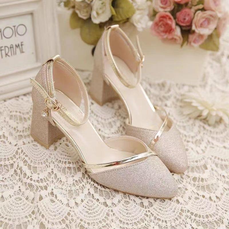 Spring Women Korean Style One Strap Closed Toe Sandals Chunky High Heels Pointed Toe Hollow Design Comfortable Feet