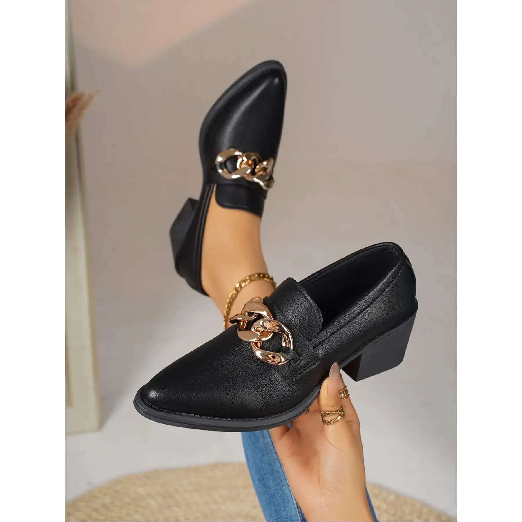 YYW1 Noir Heel Moccasin Shoes - PU Leather Plain Casual Women's Footwear with Chain Accent, Stylish Comfortable Everyday Daily Wear Pointed Toe Flats