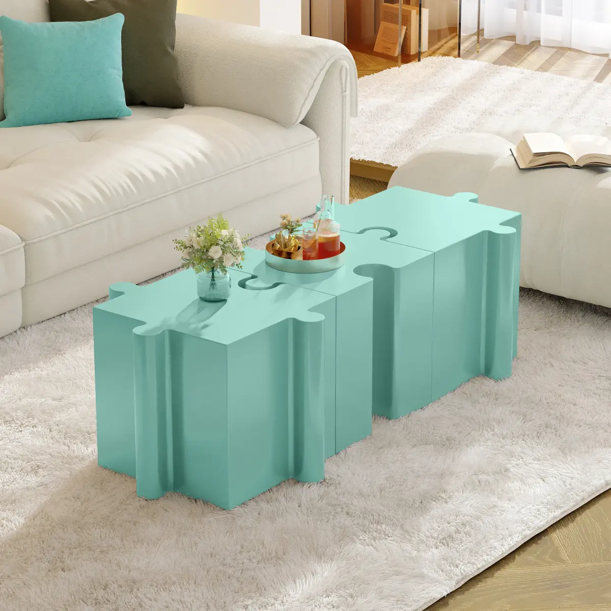 3-Piece Artistic Puzzle Table Set,Modular MGO Side Tables with Interlocking Design (2 Convex & 1 Concave), 200lb Capacity for Indoor & Outdoor, Light Green Color