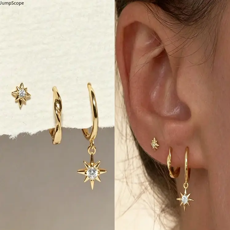 Minimal Celestial Star & Twist Earring Set, Stackable 3-in-1 Combo for Daily Wear, Celestial Look Jewelry Gift for Her, Stackable Set, Mdf+Steel