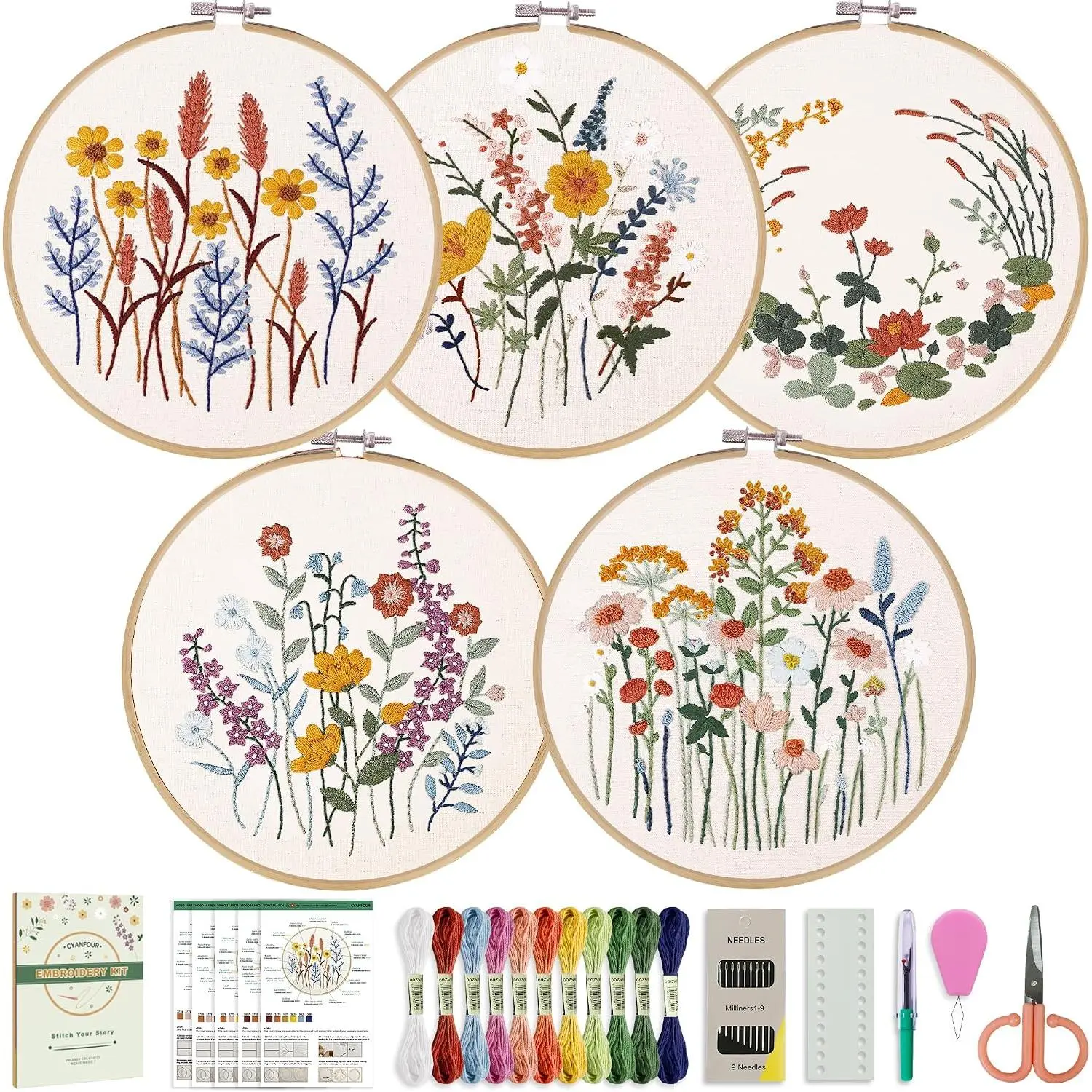 5 Pack Beginner Embroidery Kit for Adults with Video & Instruction | Easy to Learn Floral Embroidery Patterns, Includes Multiple Accessories,  for Craft Lovers
