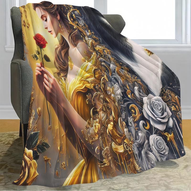 Beauty and Beast Flannel Blanket, Romantic Couple Design, Warm Cozy Throw, Creative Digital Print, Holiday Gift, Multi-Purpose