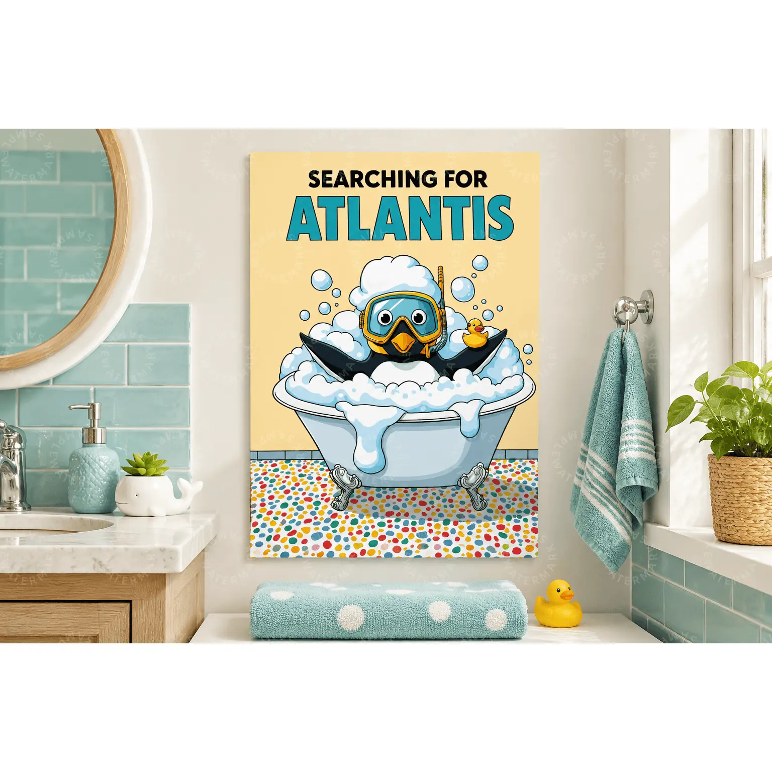 Funny Penguin Bath Canvas Poster, Searching for Atlantis Quote, Cute Ocean Bathroom Wall Decor, Kids Bathroom Art, Nursery Wall Art, Playroom Decor, Bedroom Wall Art, Whimsical Gift