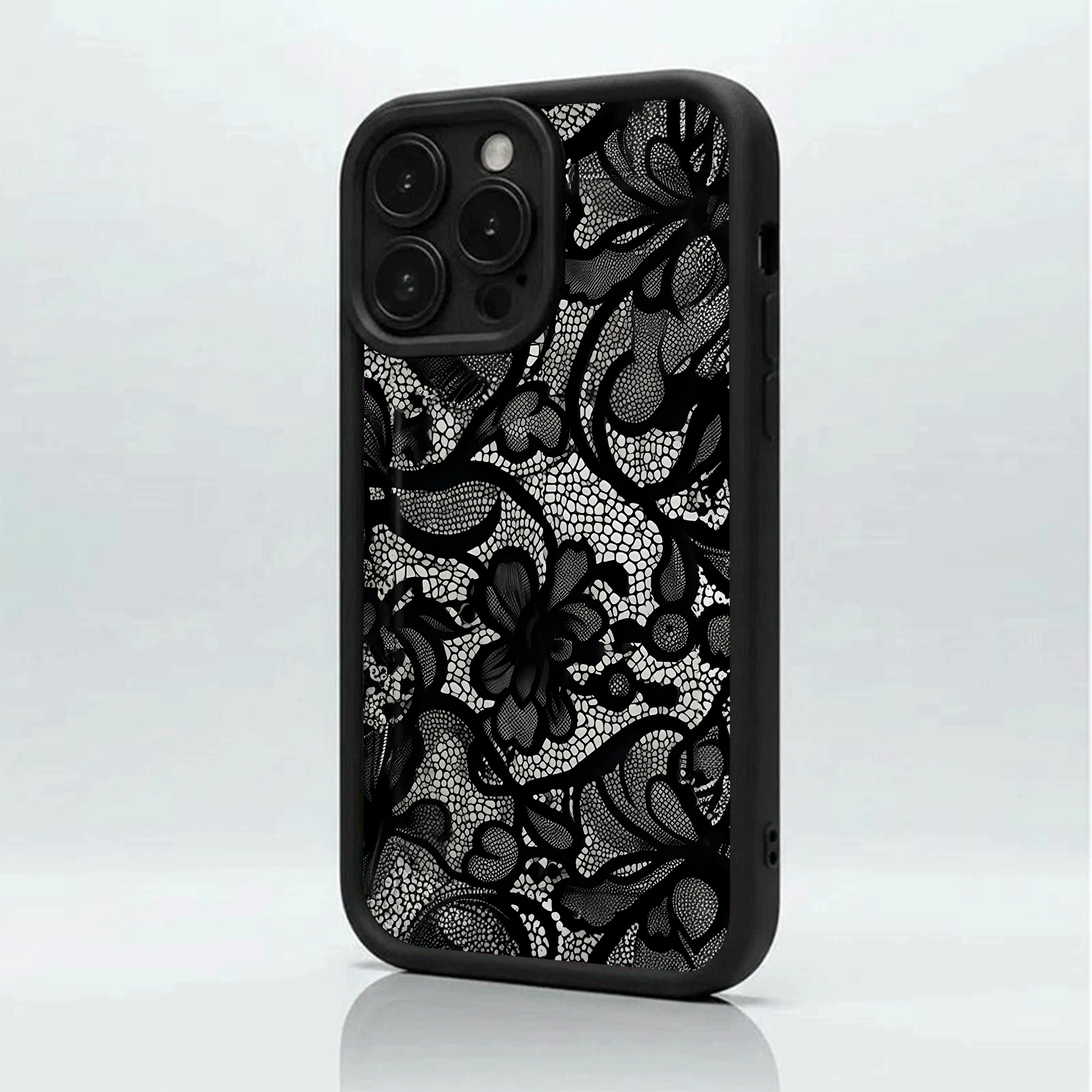 Black and White Hollow Lace Pattern, Matte Non-Slip TPU + Silicone Shockproof Phone Case | Unisex Classic Material | Multi-Model Compatible for iPhone 17-11 Pro Max/Plus/Air & Samsung Galaxy S26-S21 Ultra/Plus/FE
