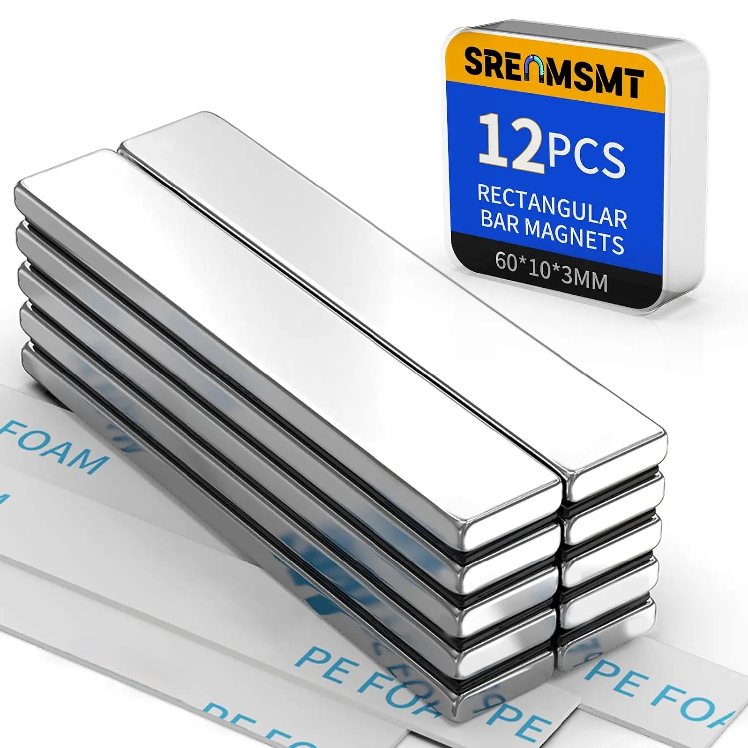 Neodymium Bar Magnets, 12 Pack Rare Earth, Duty Magnets, Small for Fridge, DIY,,, Science, Craft, Office-60x10x3 mm