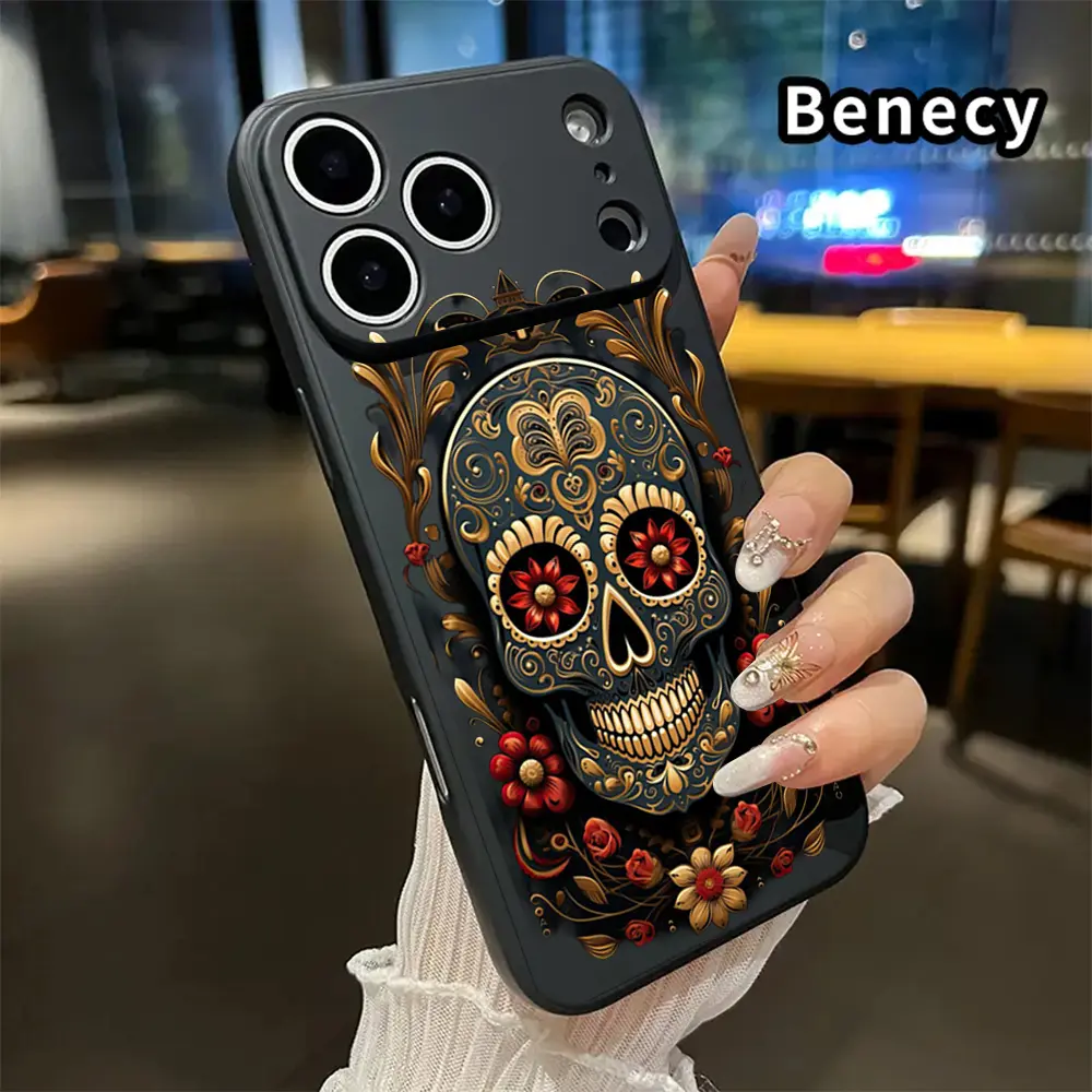 Vintage Gold Floral Sugar Skull Day of the Dead Smartphone Case - Shockproof, Anti-Drop Designer Cover, Stylish Gift Casing for iPhone 17Air,16Pro Max,15,14,13,12,11Pro Plus & Samsung Galaxy S21-S26 Plus,Ultra,FE - Phone Accessories with Device Protection