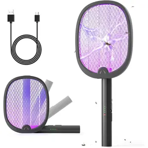 Electric Fly Swatter Foldable Bug Zapper Racket 2 in 1 Mosquito Killer with Purple Attractant Light Rechargeable 1800mAh for Indoor Home Backyard Patio Camping