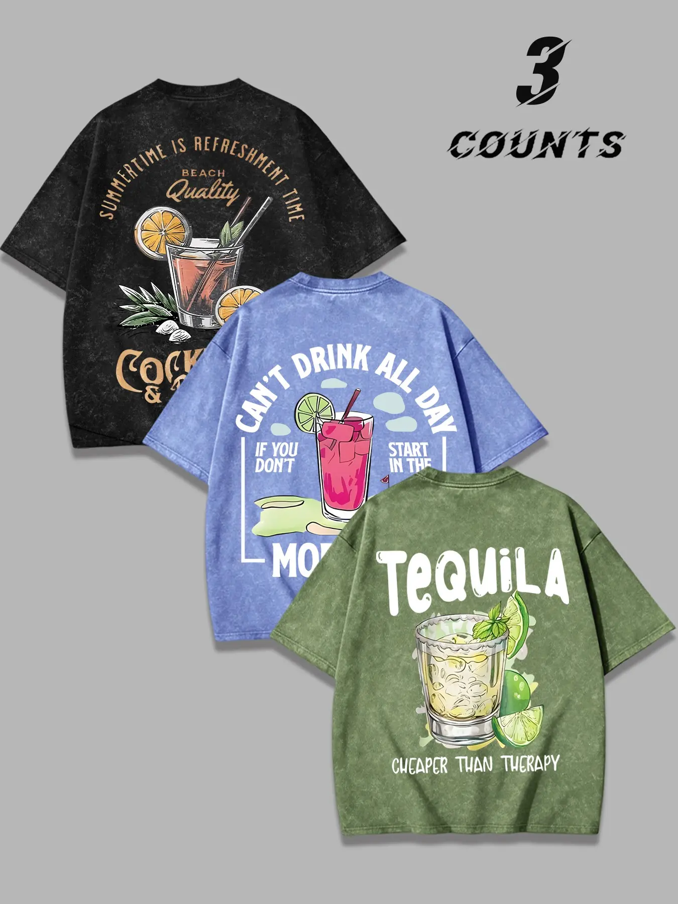 3-Pack Washed Vintage Short Sleeve T-Shirts, American Retro Summer Tropical Cocktail Resort Festive Casual Style, Loose Fit, Oversized, Men's Beach Party Daily Wear, Casual Tee Shirt