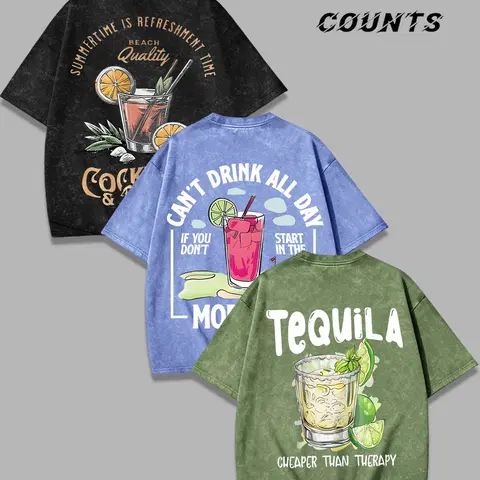 3-Pack Washed Vintage Short Sleeve T-Shirts, American Retro Summer Tropical Cocktail Resort Festive Casual Style, Loose Fit, Oversized, Men's Beach Party Daily Wear, Casual Tee Shirt